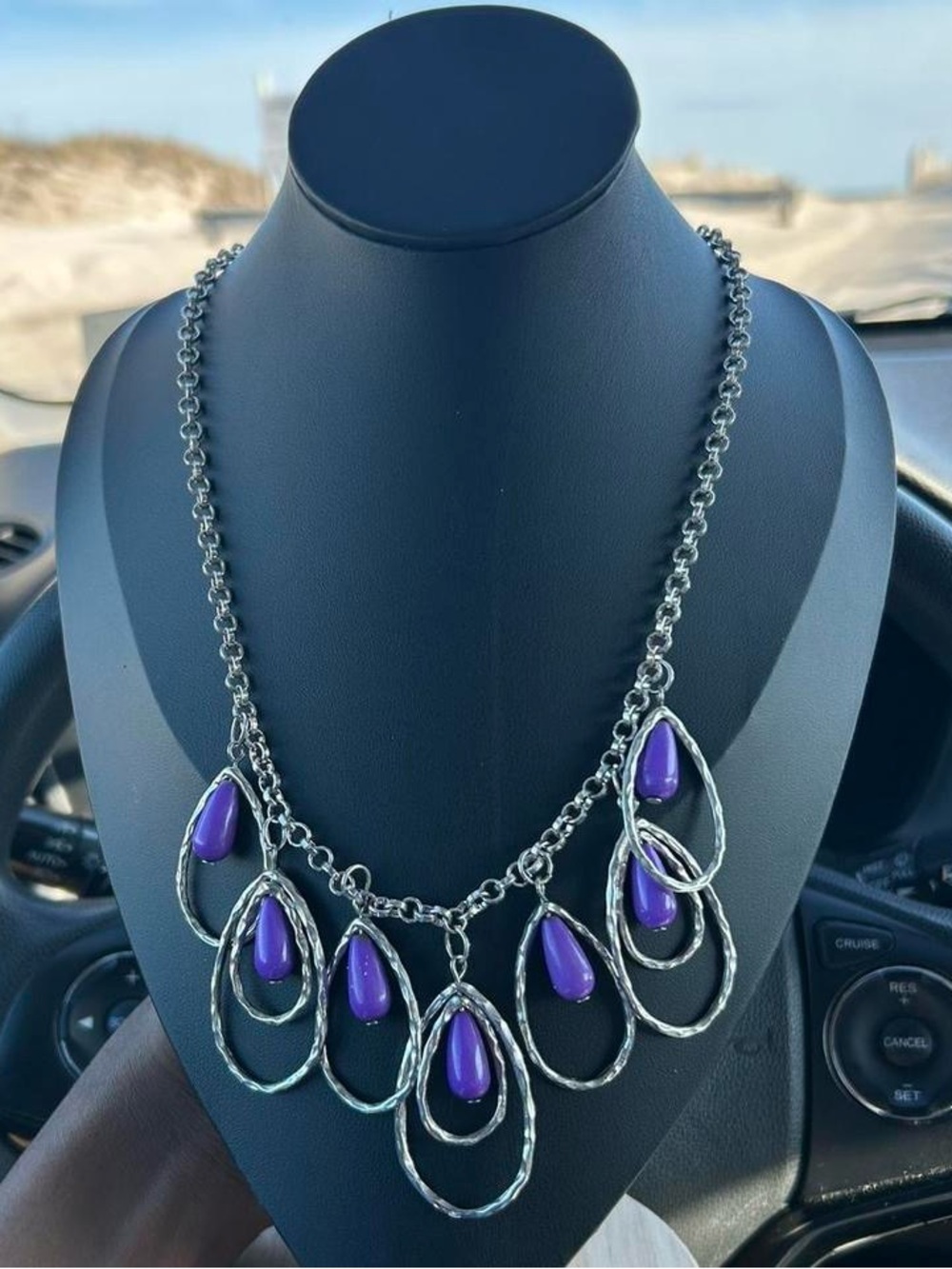 Silver Teardrop Statement Necklace with Purple Accents
